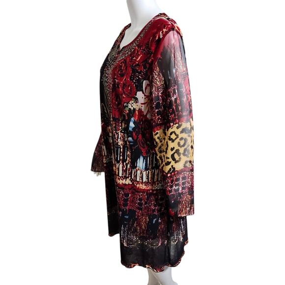 Caleaas Womens Plus Size 3X Red Long Sleeve Midi Dress Grommets & Jewel Neckline - Picture 6 of 12